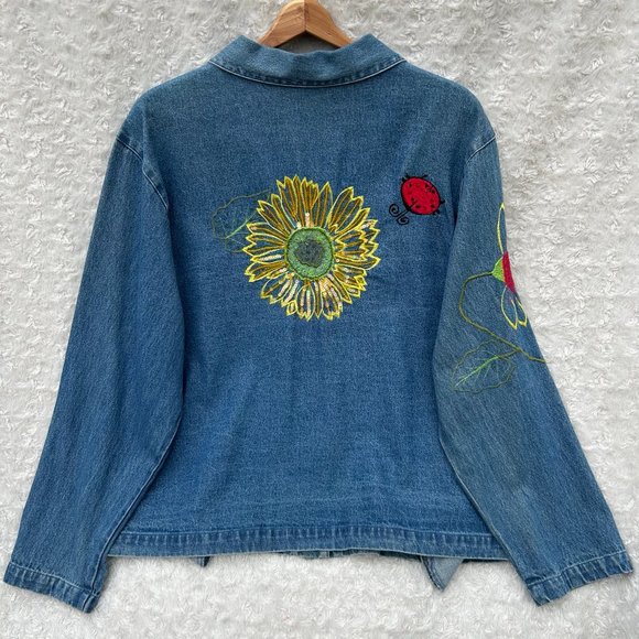 Tantrums Denim Jacket Embroidered Floral Sequin Button Up Medium - Picture 6 of 9